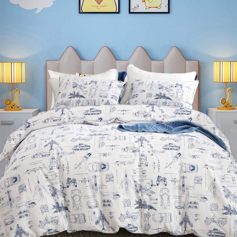 CLOTHKNOW Kids Twin Duvet Cover Sets 3Pcs Traffic Cartoon Bedding Duvet Covers Sets Cars Aircraft Tank Vehicles Duvet Cover with 2 x Pillow Cases - Image 1